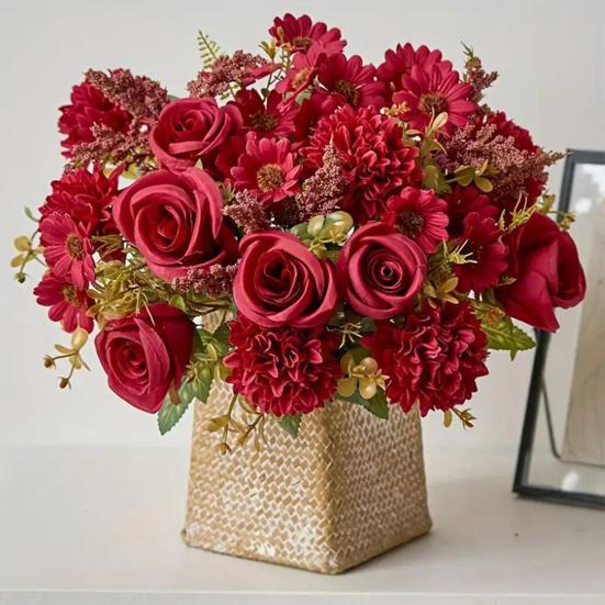 Artificial Rose Flower Bouquet Realistic Mixed Faux Rose Dahlia Chrysanthemum Ball Flower for Wedding Bridal Bouquets Table Centerpieces Baby Shower