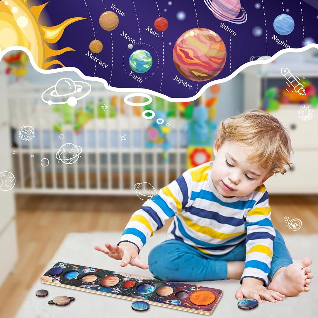 Children Wooden Space Planet Puzzles Montessori Toys Planet Matching Game Jigsaw Tray Universe Solar System Science Learning Toy