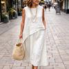Ärmelloses Leinenkleid für Damen Asymmetrischer Saum Lockerer Schnitt Lässiges Midi-Kleid Hohe Taille Sommer-Outfit Leichtes Atmungsaktives Gewebe