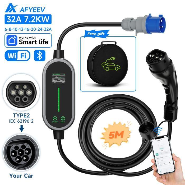 Chargeur EV Portable, 7.2KW Puissance, Contrôle Smart APP Wi-Fi, 5m type2