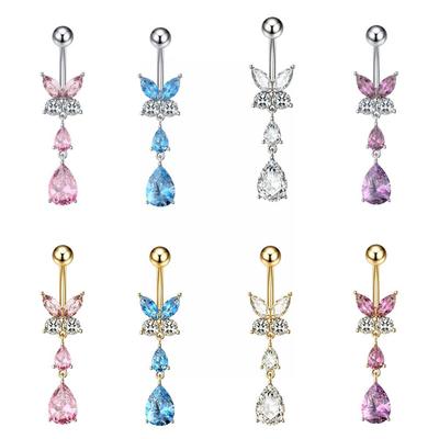 Pink Butterfly Cubic Zirconia Navel Ring - Stylish European and American Piercing Jewelry