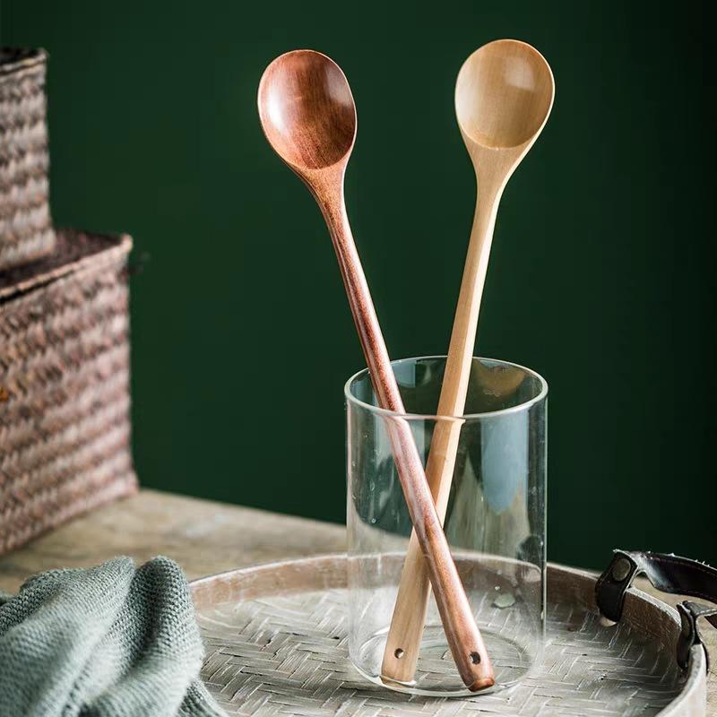 Korean Long Wooden Spoons Natural Coffee Stirring Rod Tea Dessert Spoon Handle Round for Soup Tableware Kitchen Supplies