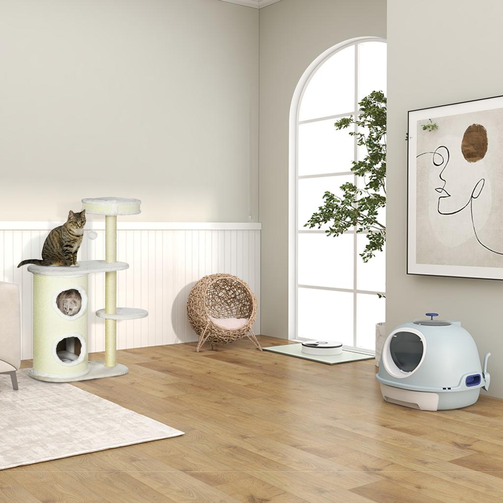Rattan Elevated Cat Bed House Kitten Basket Ball-Shaped Pet Furniture W/ Removable Cushion - Natural