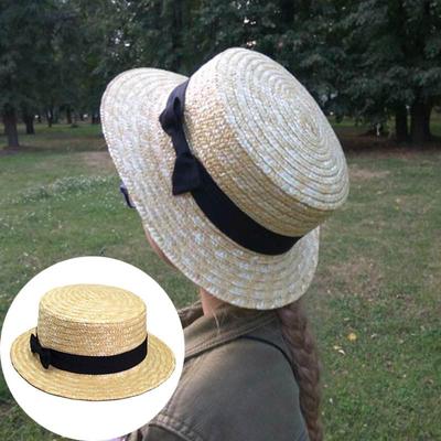 Vrouwen Strohoed Strik Lint Platte Top Pet Zomer Strand Zonnehoed Dames Kinderen Meisjes Brede Rand Boater