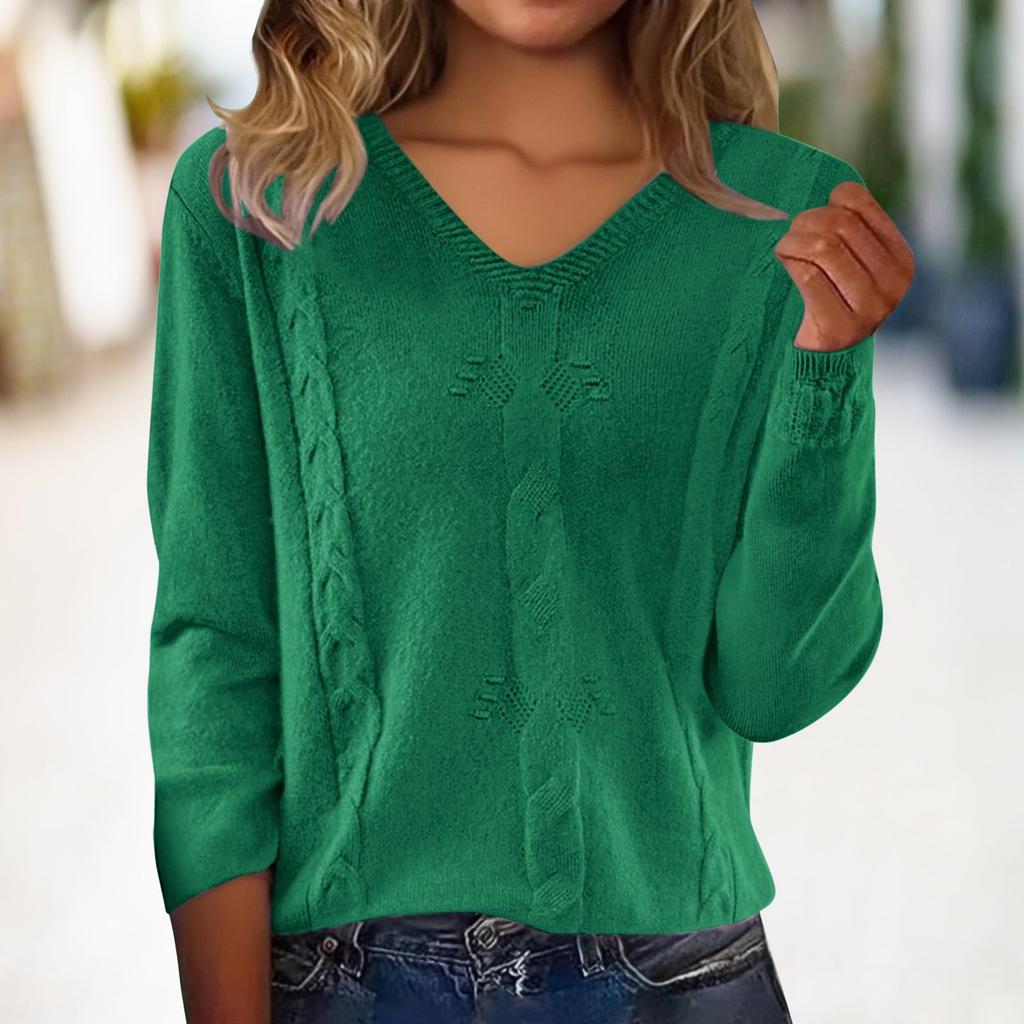Women's Fashion Casual Solid Color V Neck Long Sleeve Pullover Sweater Top