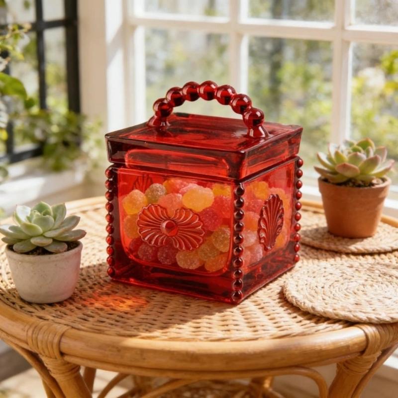 Artistic Square Candies Holder Clear Glass Featuring Intricate Embossed Detail Household Storage Jar