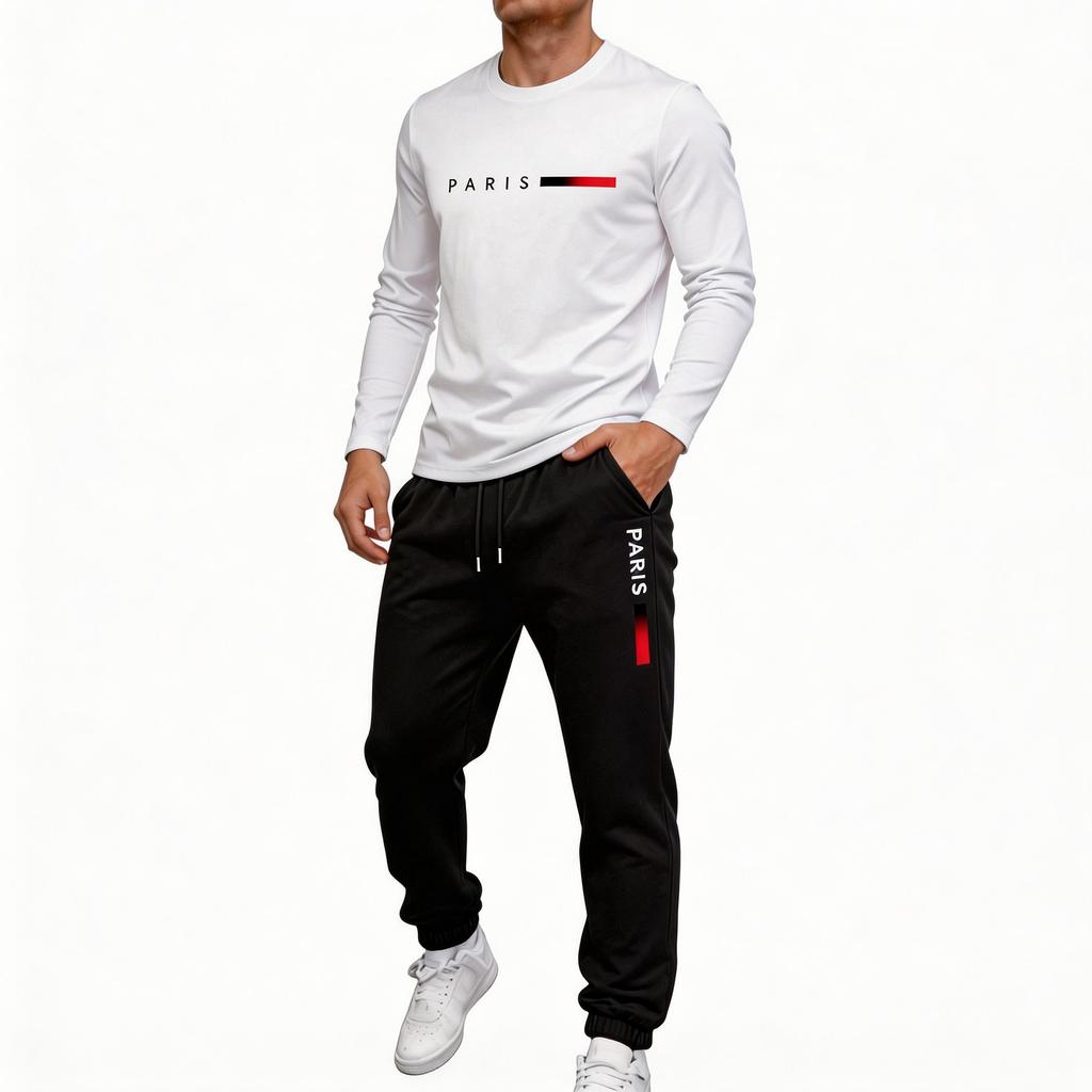 Men's Outdoor Sports Two Piece Set Breathable Long Sleeve Shirt and Elastic Waist Jogger Pants Casual Athletic Wear for Daily Activities