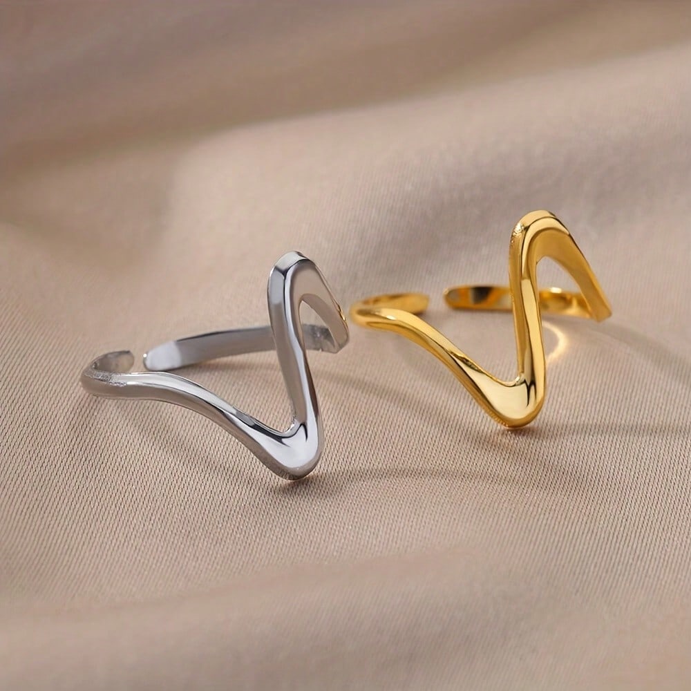 1 Pair Of Personalized Irregular Curve Opening Rings, Stainless Steel Adjustable Rings, Simple And Versatile Commuting Accessories