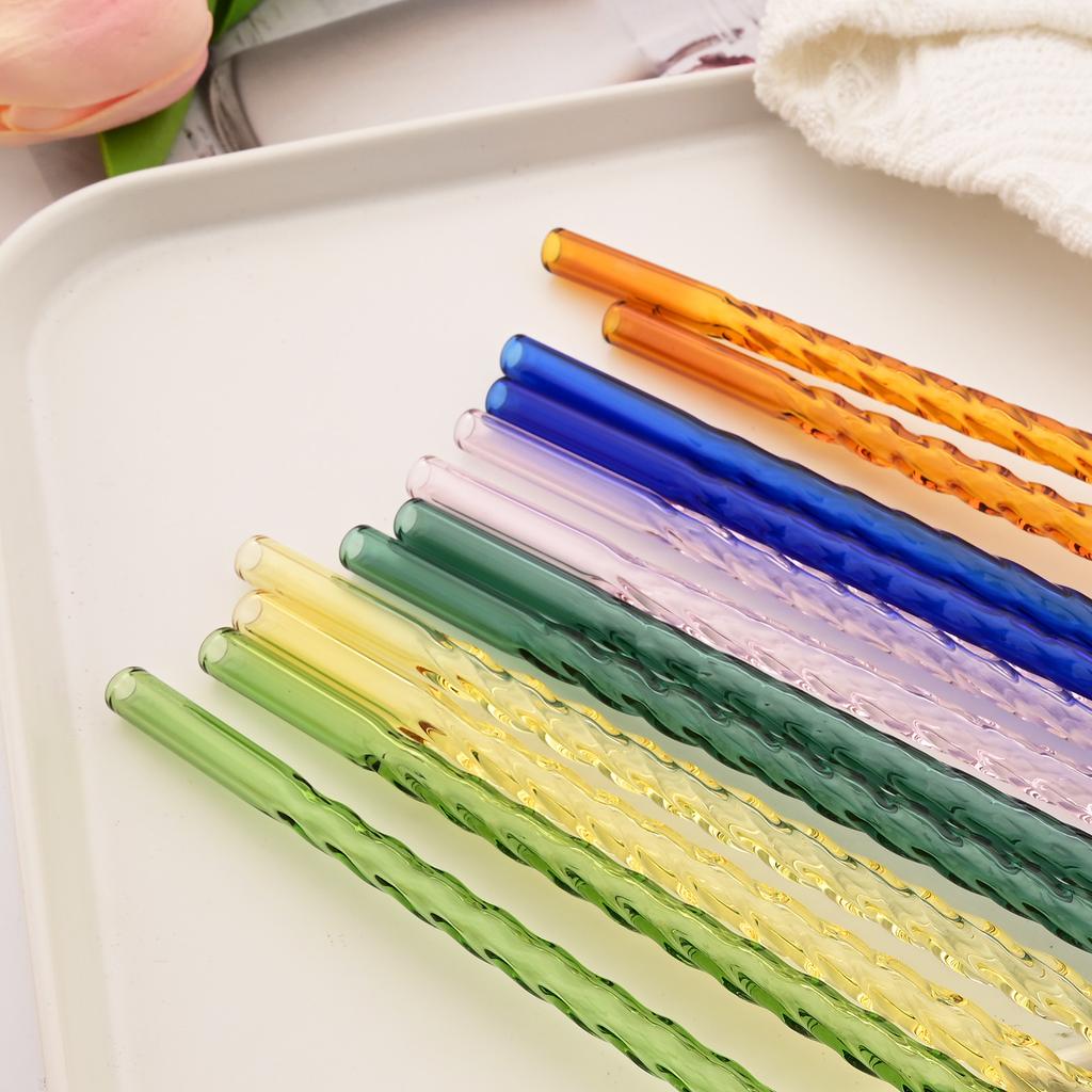 15 PCS Reusable Glass Straws, 8 Inch X 0.3" Thread Pattern Design Colored Drinking Straws, Include 12 Straight Straws, 2 Cleaning Brushes, 1 Bag