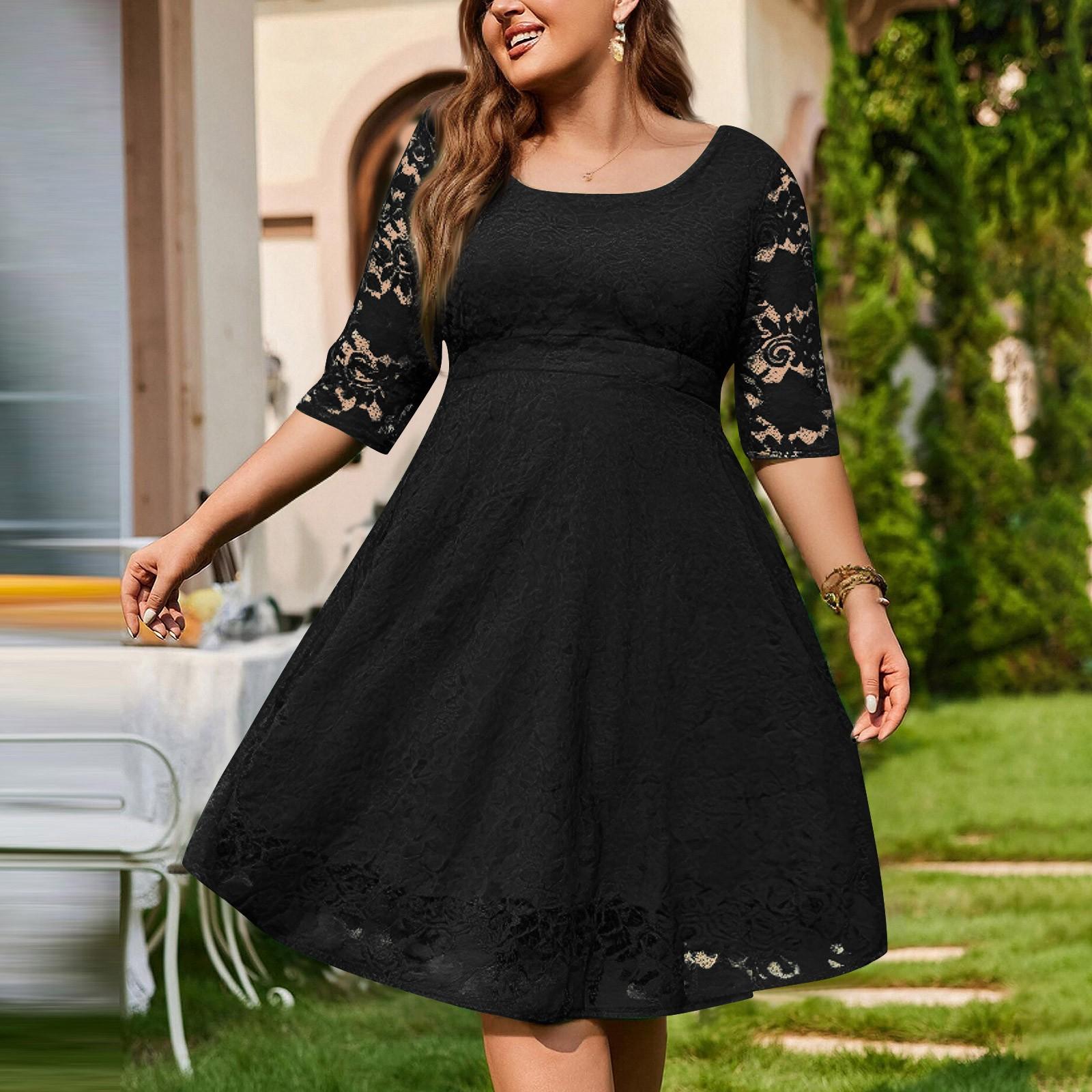 

Women s Temperament Three-quarter Sleeve Lace Casual Solid Color O-Neck Plus Size Dress XXXXXXL чорний