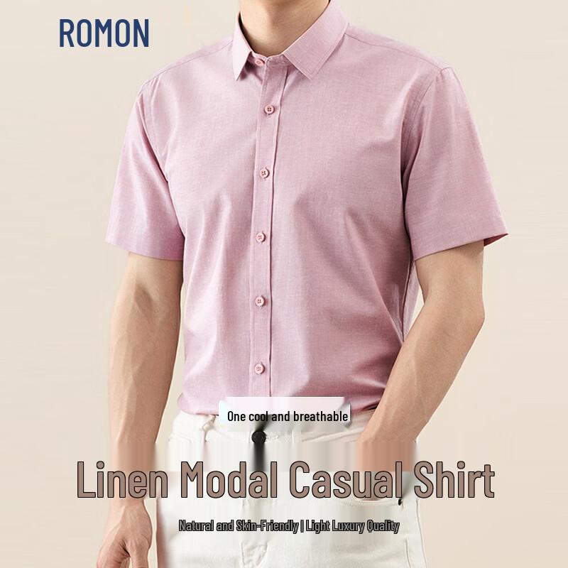 ROMON Men s Linen Modal Blend Short Sleeve Shirt 41