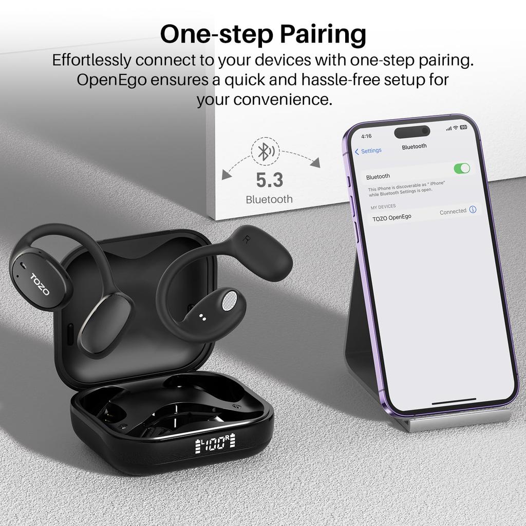 TOZO OpenEgo Wireless Open-Ear Headphones, 5.3" Bluetooth Sport Earphones with Digital Display and Ear Hooks for Long Playtime, Dual Mic for Clear