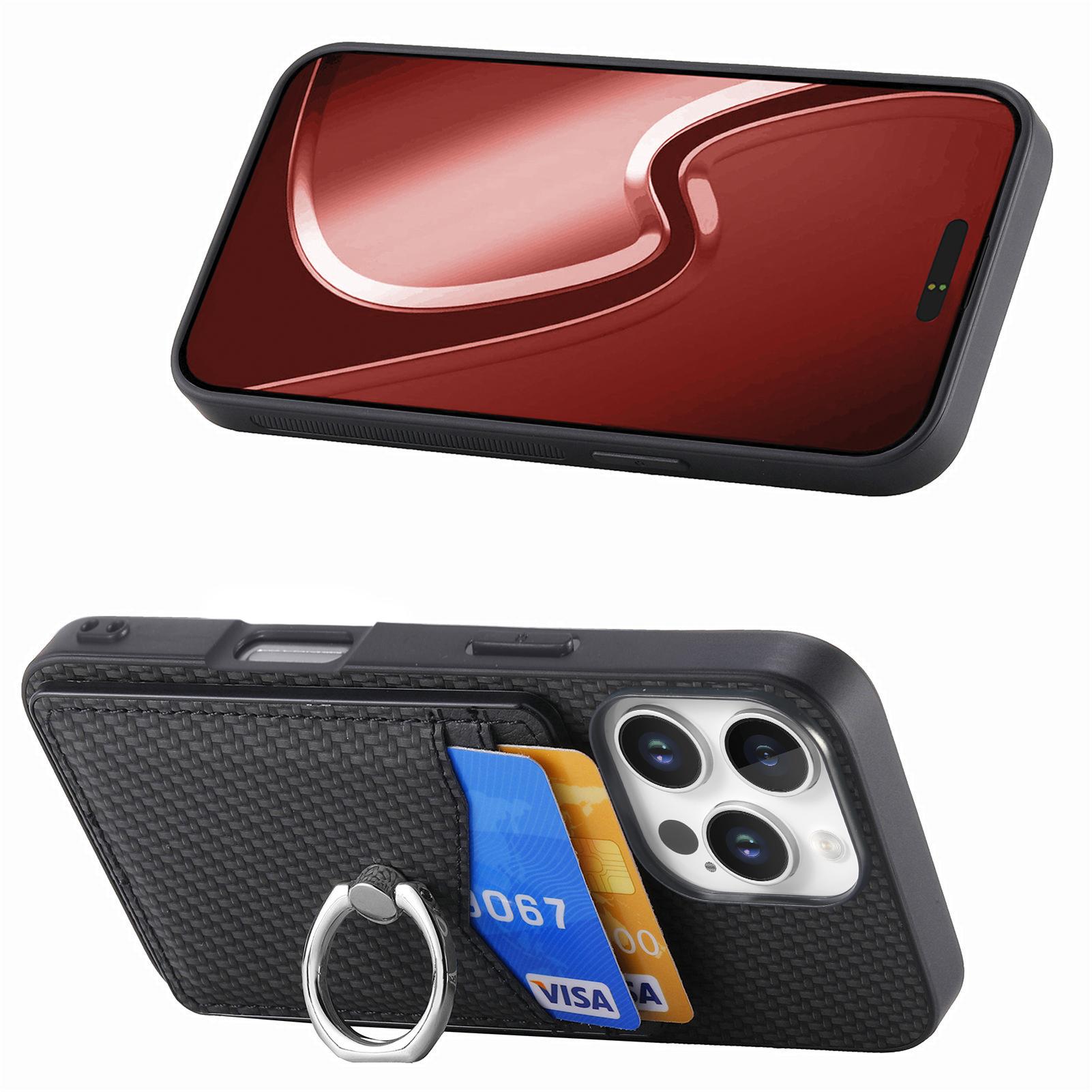 

For iPhone 16 Pro Max Case Card Slots Ring Holder Kickstand Phone Cover Black