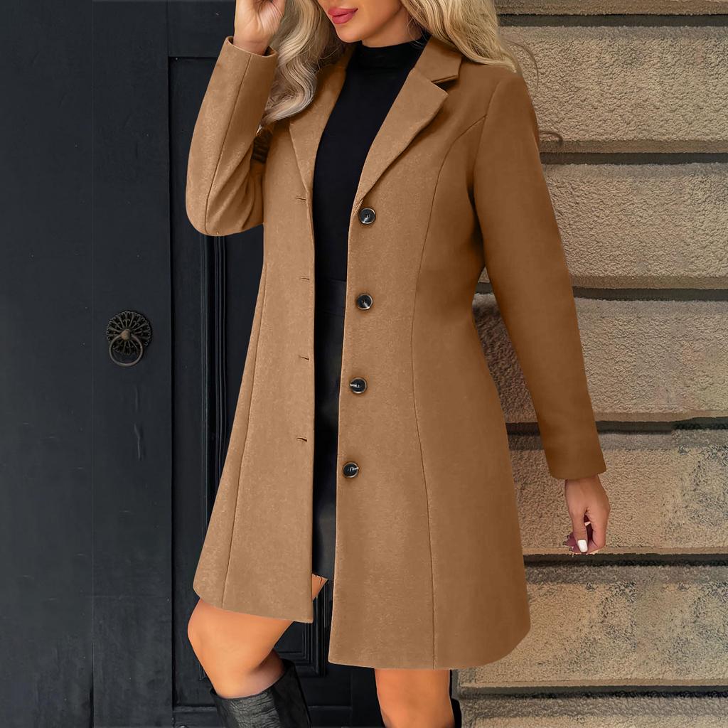 Women's Solid Color Long Sleeved Lapel Long Coat Woolen Button Coat