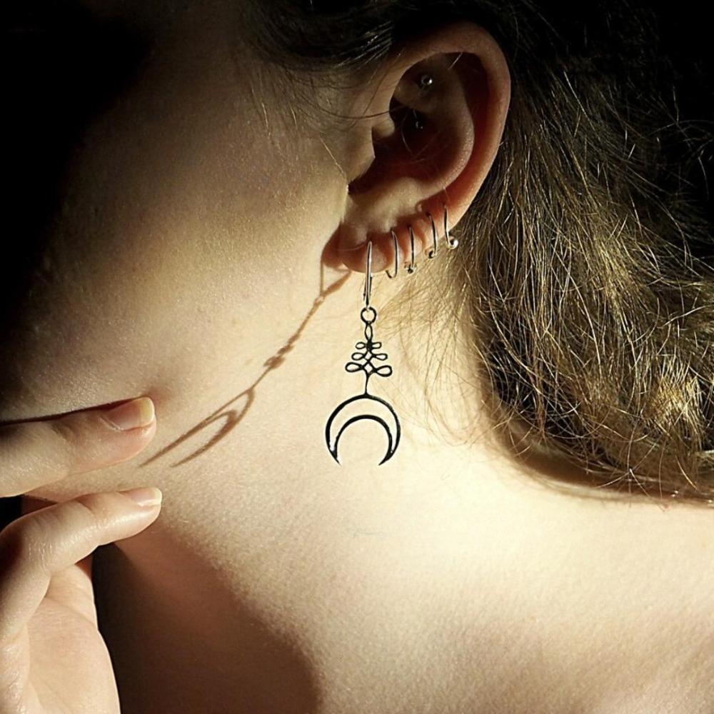 Retro Gothic Silver Color Geometry Hollowed-out Crescent Moon Symbol Pendant Dangle Earrings for Women Halloween Party Jewelry