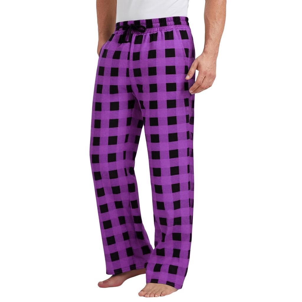 Men's Drawstring Plaid Print Pants - Long Casual Trousers With Belted Pockets