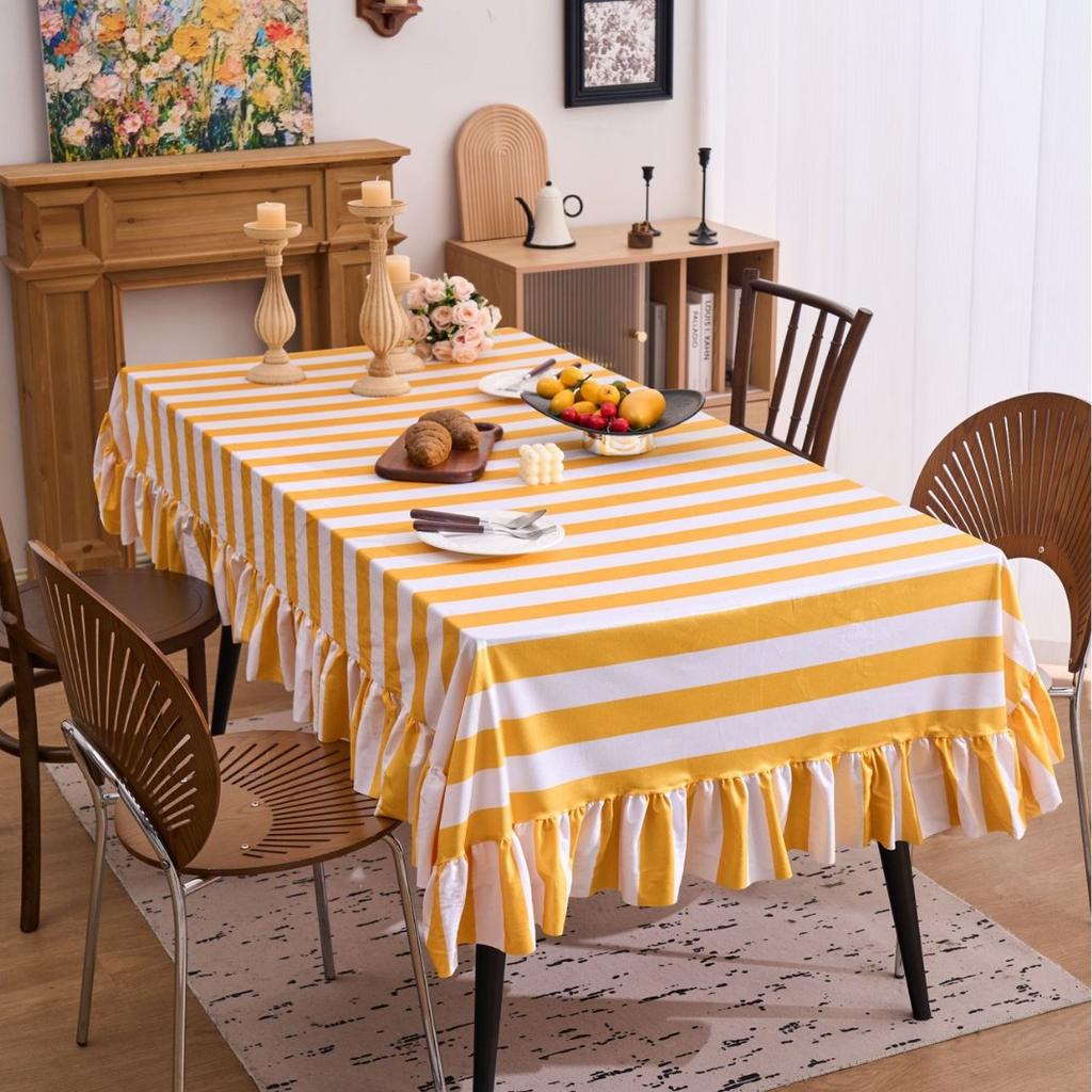 Striped Ruffled Lace Tablecloth Round Dust Proof Wrinkle Resistant Table Cover for Kitchen Party Dining Decoration Table Cloth