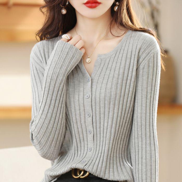 Damski kardigan swetrowy z dekoltem w serek, wyszczuplający, z długim rękawem, na jesień/zimę 2024