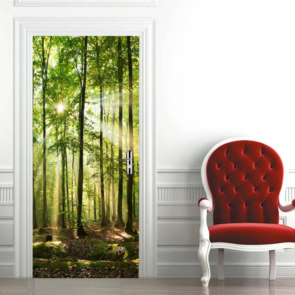 3D nálepka na dveře se vzorem lesa, Vodotěsná Samolepicí Odnímatelná nálepka na dveře, Dekorativní tapeta pro domov