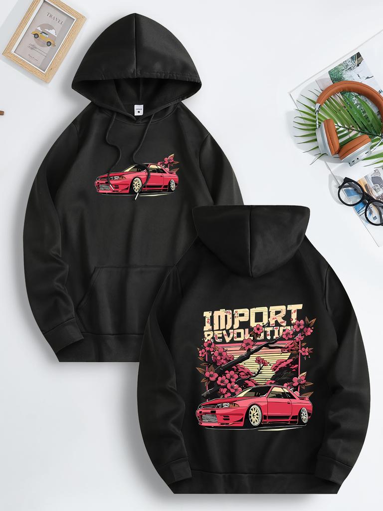 Mens Casual Hooded Sweatshirt with Japanese Cherry Blossom Red Sports Car Graphic Print Vibrant Blue Regular Fit Drawstring Hood