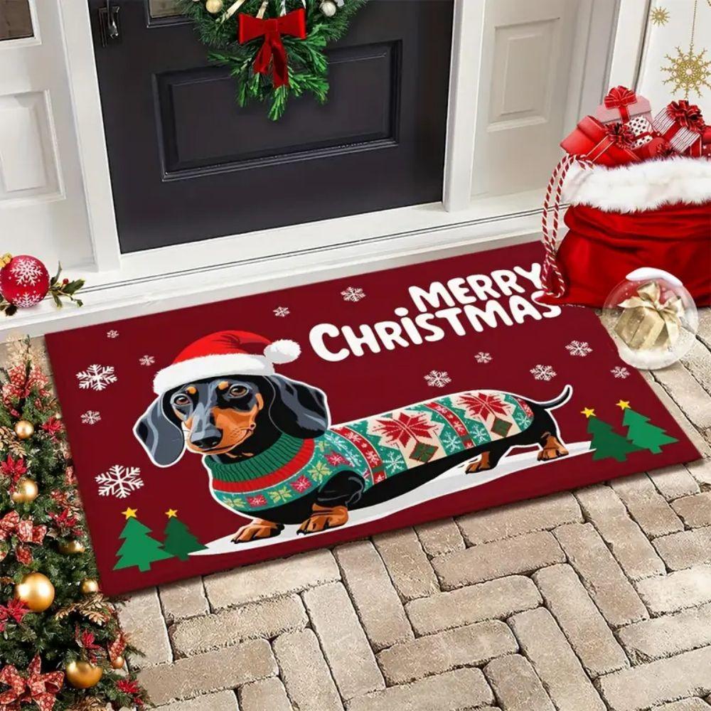 VIKAMA Christmas Dachshund Rug Bedroom & Kitchen Non-Slip Mat Front Door Entry Welcome Doormat Holiday Home Decor
