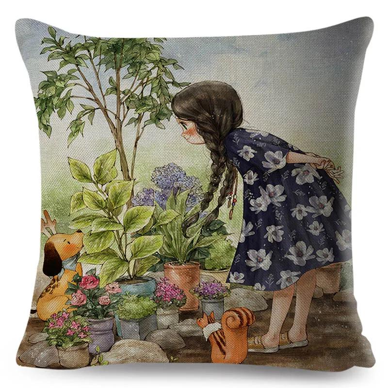 Colorful Cute Cartoon Girl and Pet Dog Fairy Tale World Pillowcase Decor for Sofa Home Pillow Case Polyester Cushion Cover