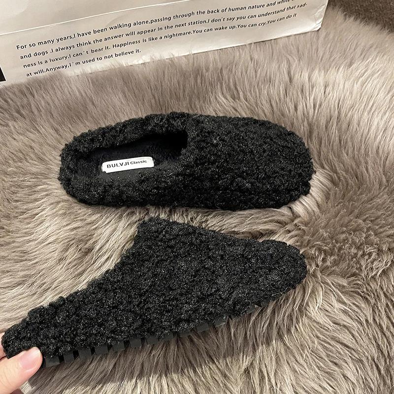 

Мода 2025 Закрытый носок Хлопок Женские домашние тапочки Модные шлепанцы Осень Зима Удобные меховые туфли на плоской подошве 35 чёрный