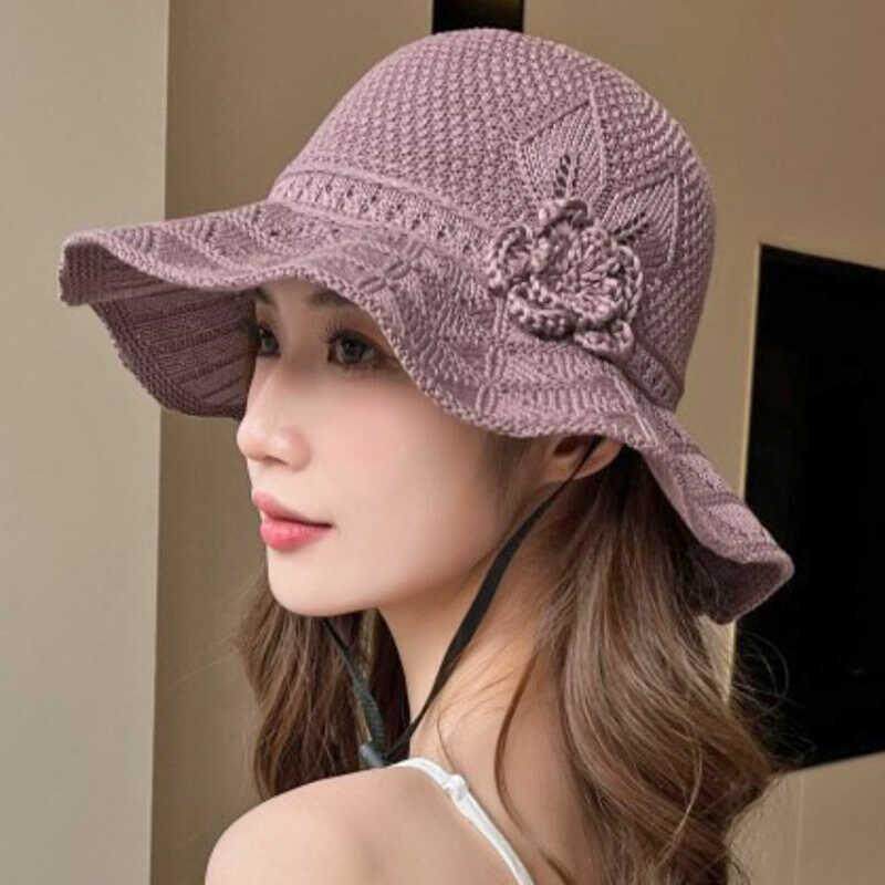 Women Floral Crochet Bucket Hat Ruffle Wide Brim Sun Hat with Chin Strap Breathable Hollow Knit Fisherman Cap for Outdoor Travel Sun Protection