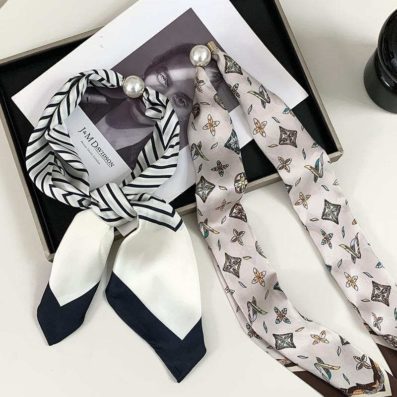 Silk scarf long strip high-end new striped simple decorative scarf hair tie streamer double splicing magnetic silk scarf