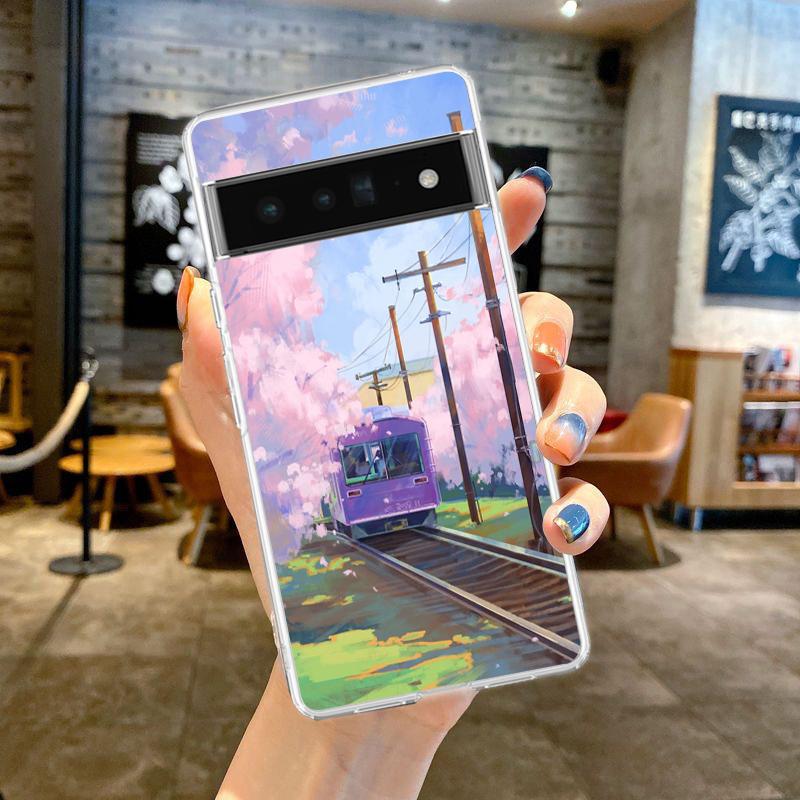 Cherry Blossoms Japanese Traint Moun Fuji For Google Pixel 8 7 6 Pro Phone Case Soft For Pixel 6A 5 4 5A 4A 3A XL 5G Clear Cover