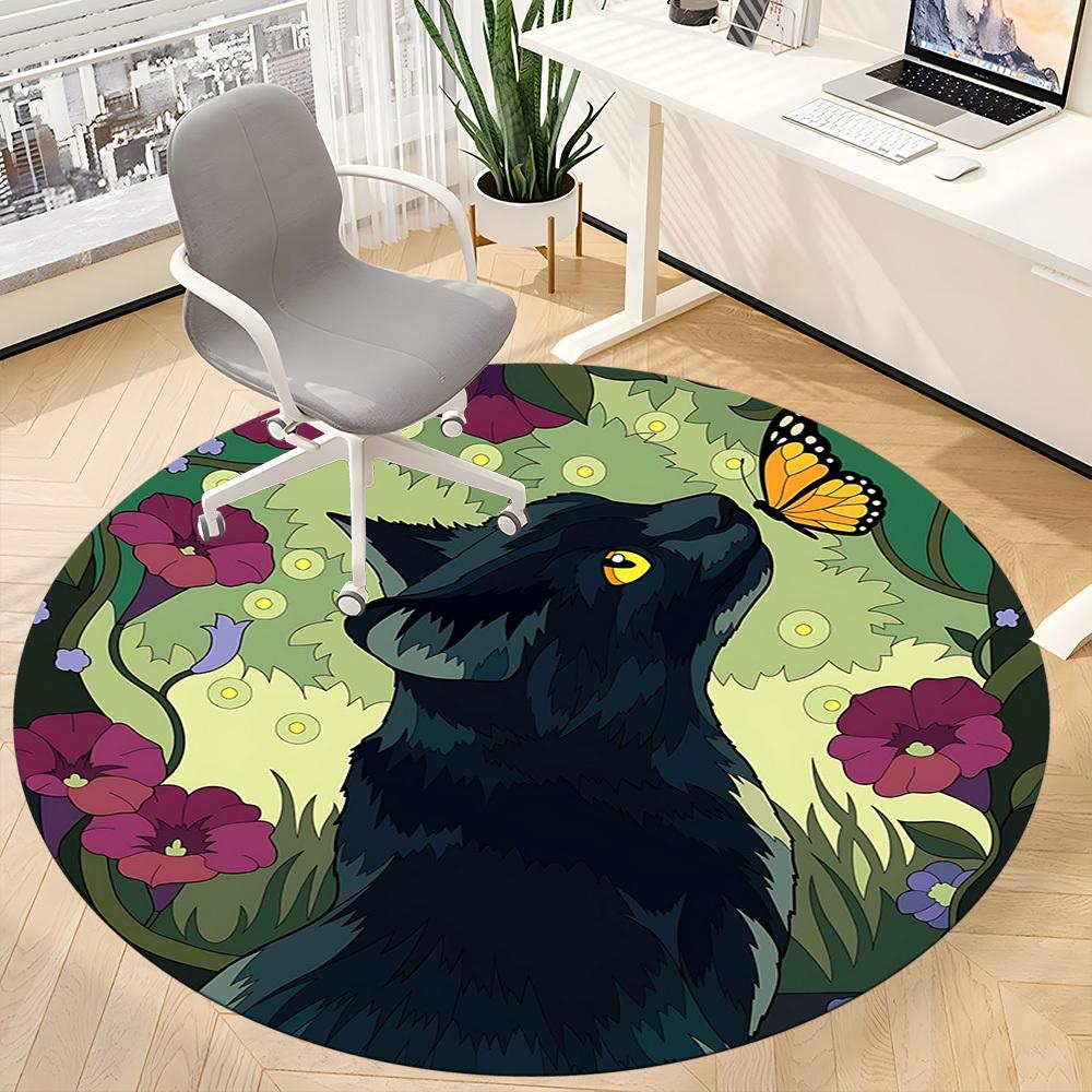 1pc Black Cat Pattern Carpet, Round Non Slip Durable Large Size Office Carpet, Suitable for Office