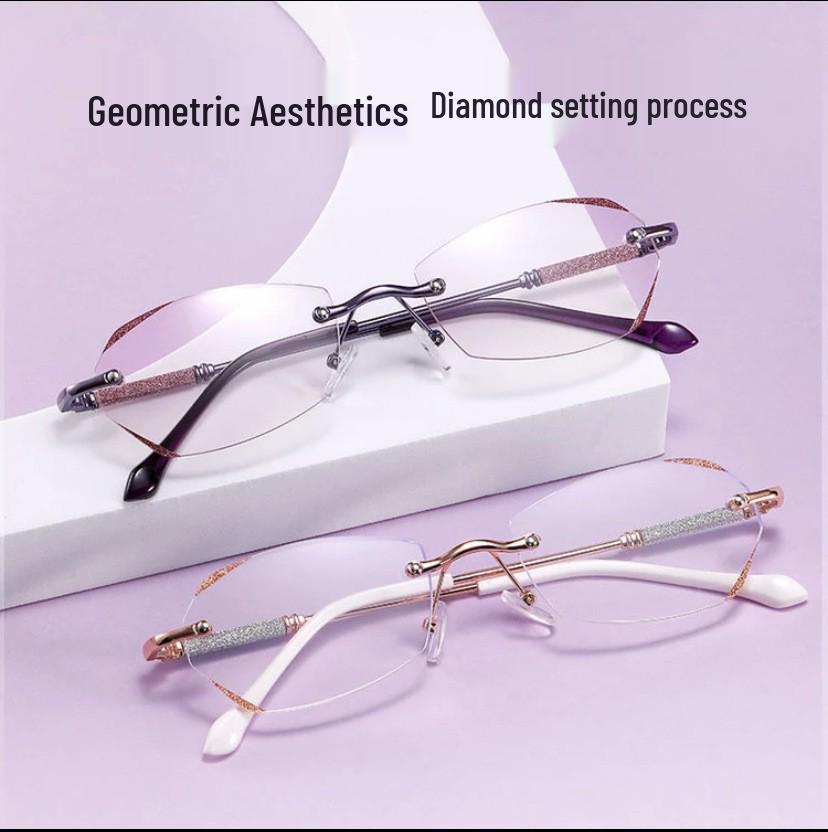 Damen Ultraleichte Brille mit Diamantenbesatz, randlos, Blaulichtfilter - Modisch für Mittelalte und Ältere