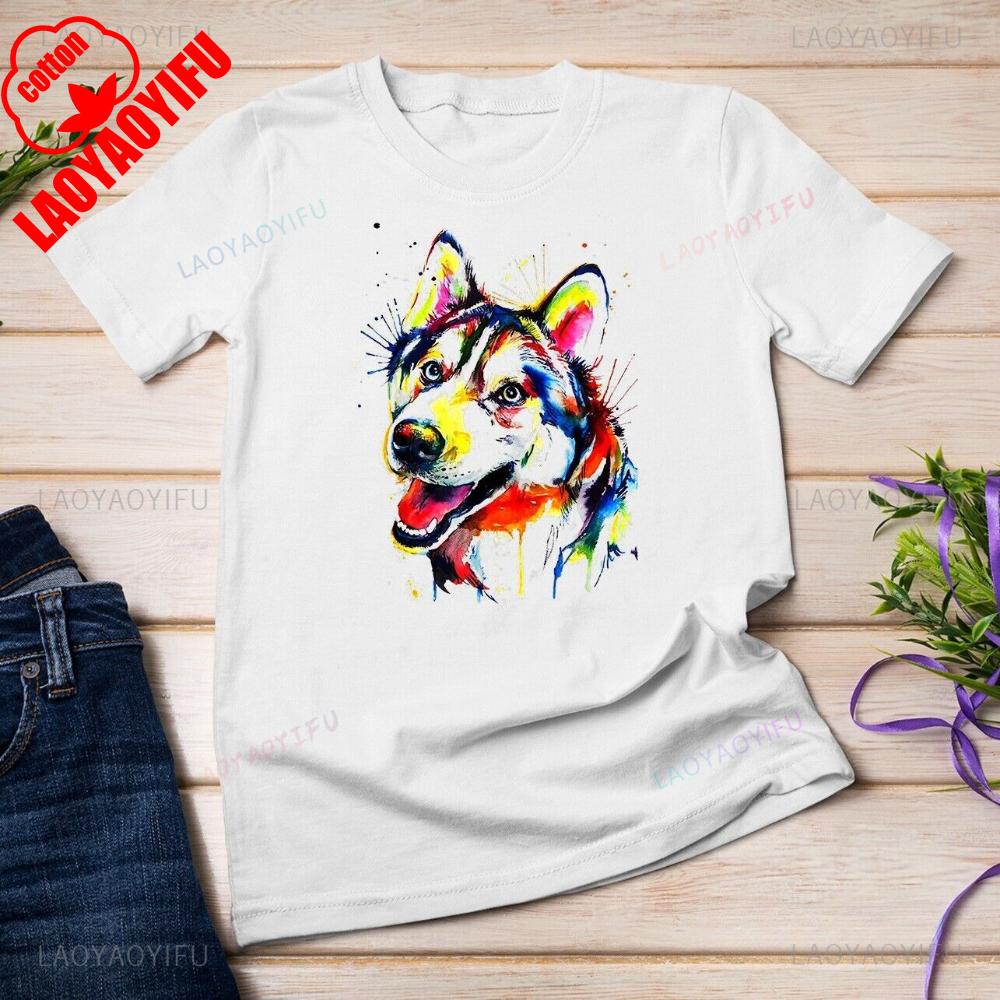 Colorful Siberian Husky Tops Tee Shirt Creative Color Husky Image Printed T Shirt Tops Unisex Unisex High Quality Cotton Summer Tee