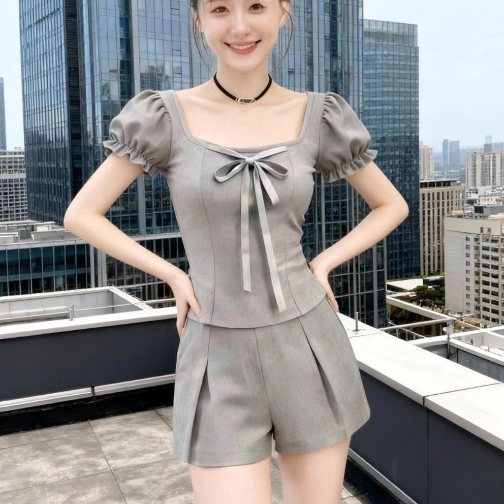 2026 Retro Puff Sleeve Two-Piece Women's Summer Set: Slim Short Sleeve Top & Shorts