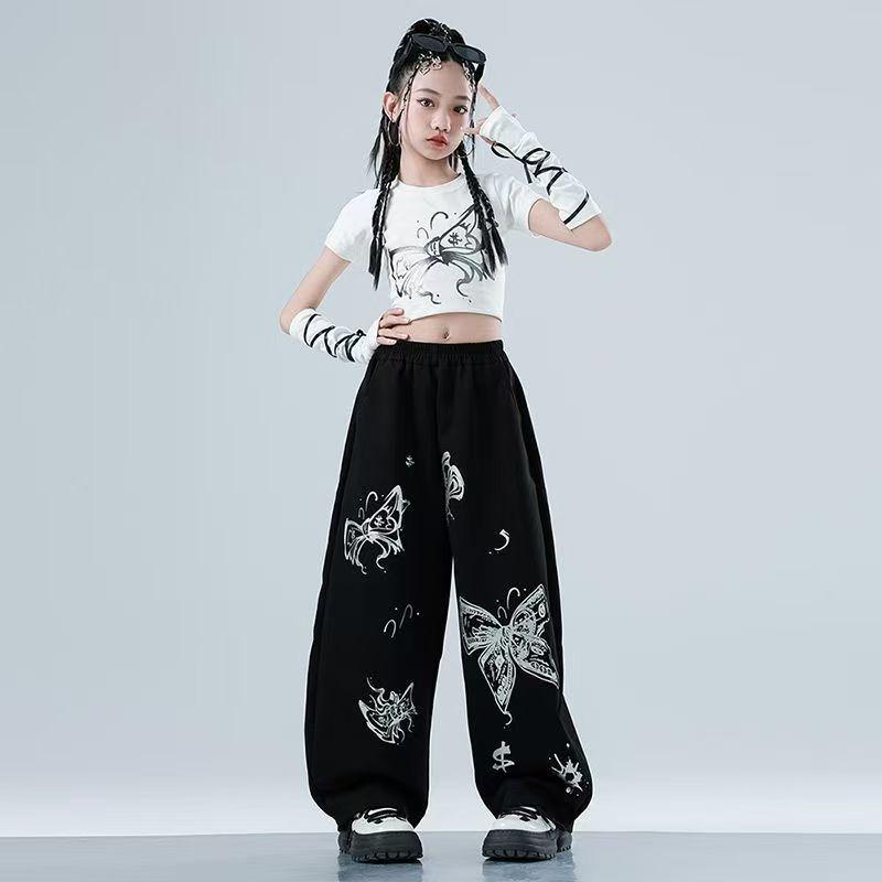 Summer Girls Jazz Dance Costume Trendy Crop Top Short Sleeve High Waist Pants Set For Stage Performance