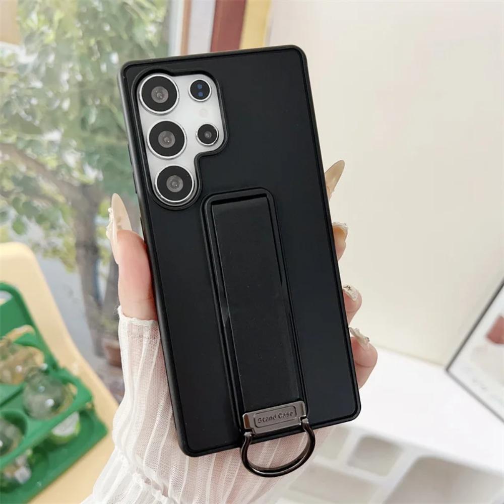 Leather Stand Holder Ring Wrist Strap Phone Case For Samsung Galaxy S26 Ultra S25 S24 S23 Plus Button All Inclusive Bracket Shockproof Protect Cover