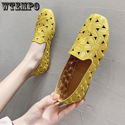 Kwadratowe Toe Pojedyncze Buty Kobiece Haftowane Buty Kobiece Hollow Letnie Buty Damskie Płaskie Podeszwie Fasola Buty Kobiece Płytkie Usta Buty Matka