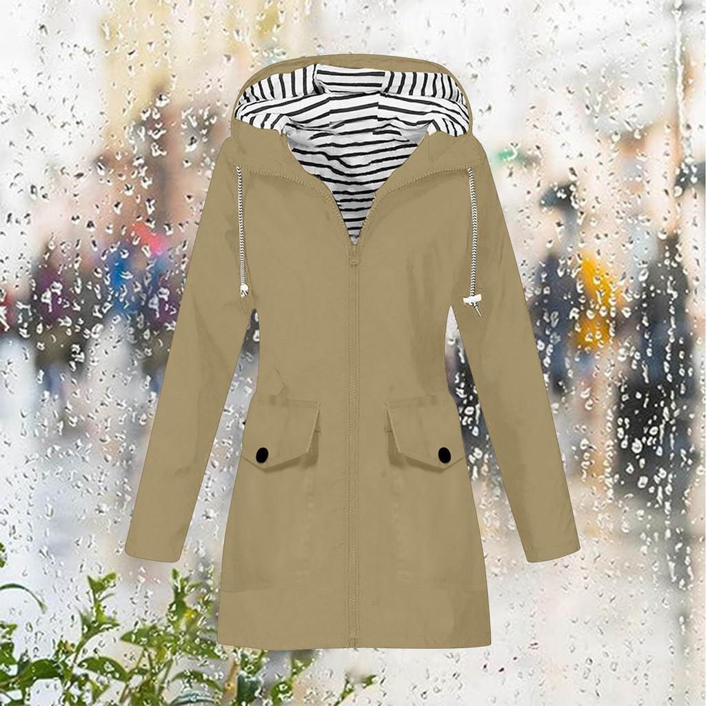 Women Solid Stripe Rain Jacket Outdoor Plus Waterproof Hooded Raincoat Windproof