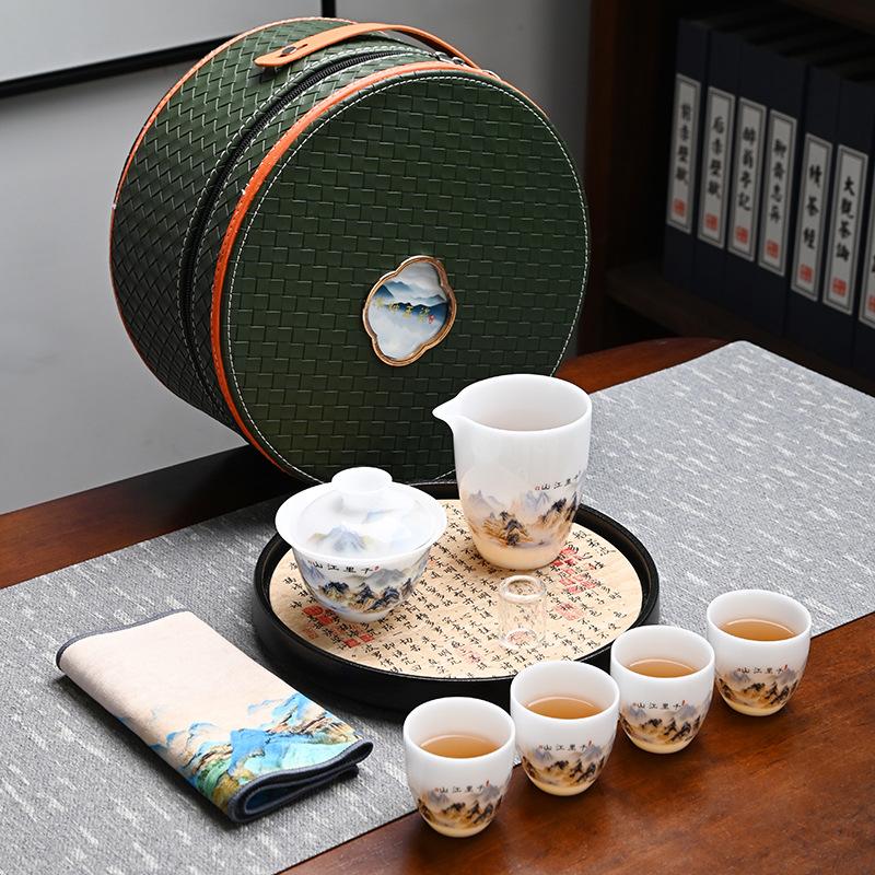 Ice Suet Jade Porcelain Travel Tea Set Outdoor Portable Ceramic Cover Bowl Tea Cup Complete Set Business Souvenir