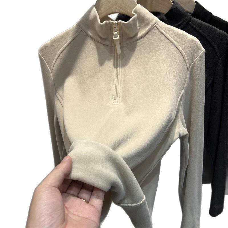Plus Size German Velvet Half-Zip Long-Sleeve Women's Slimming Warm Top for Autumn/Winter