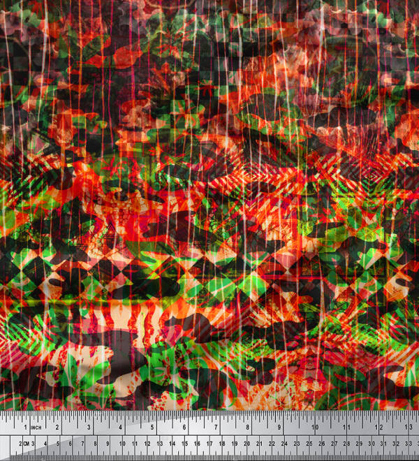 Soimoi Japan Crepe Satin Fabric Artistic Floral & Check Panel Print Fabric by the metre 42 Inch