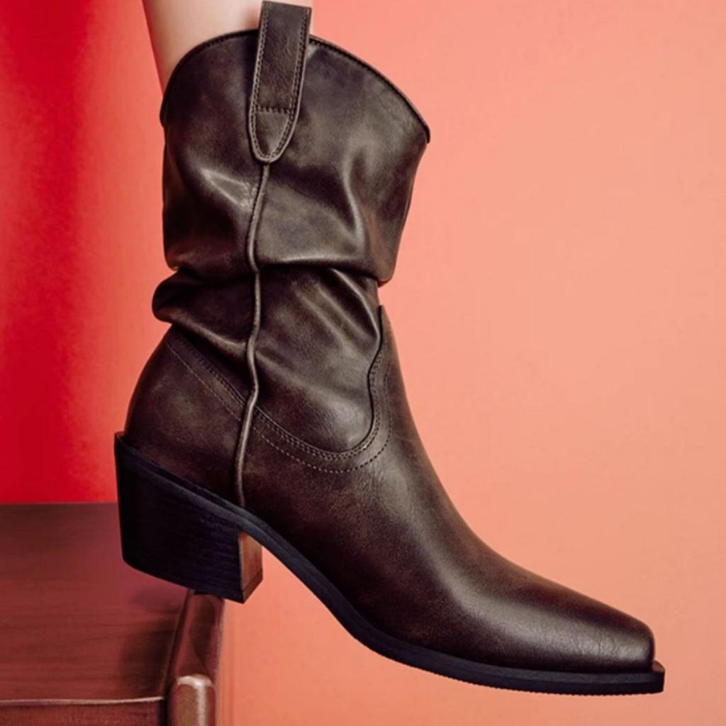 Retro Suede Western Cowboy Boots for Women 2024 Autumn New Collection Coarse Heel Pointed Fold Stacked Boots Knight Boots