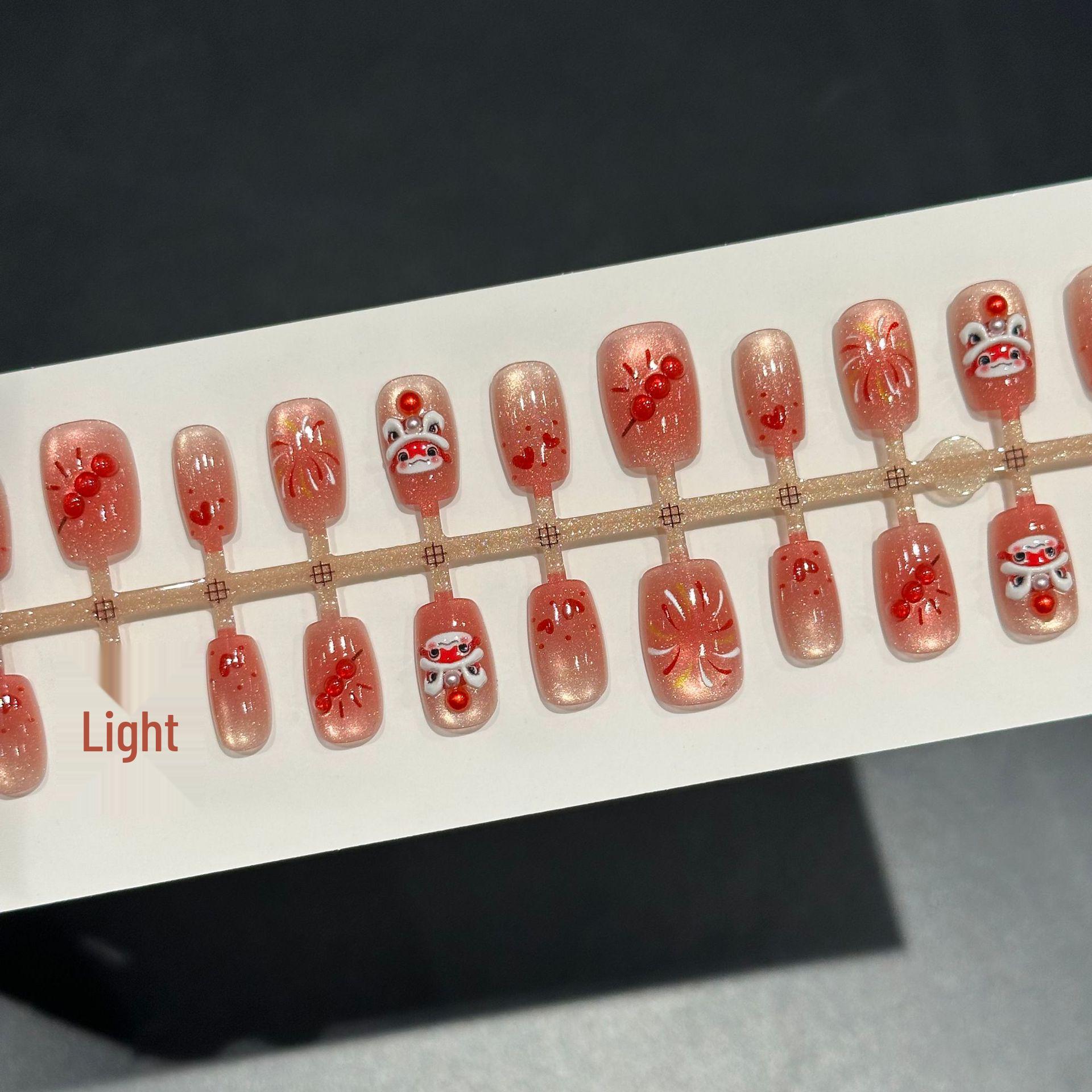 Resin Firework Lion Dance Red New Year Handmade Sparkle Cat Eye Nail Art Set - 30 Pieces