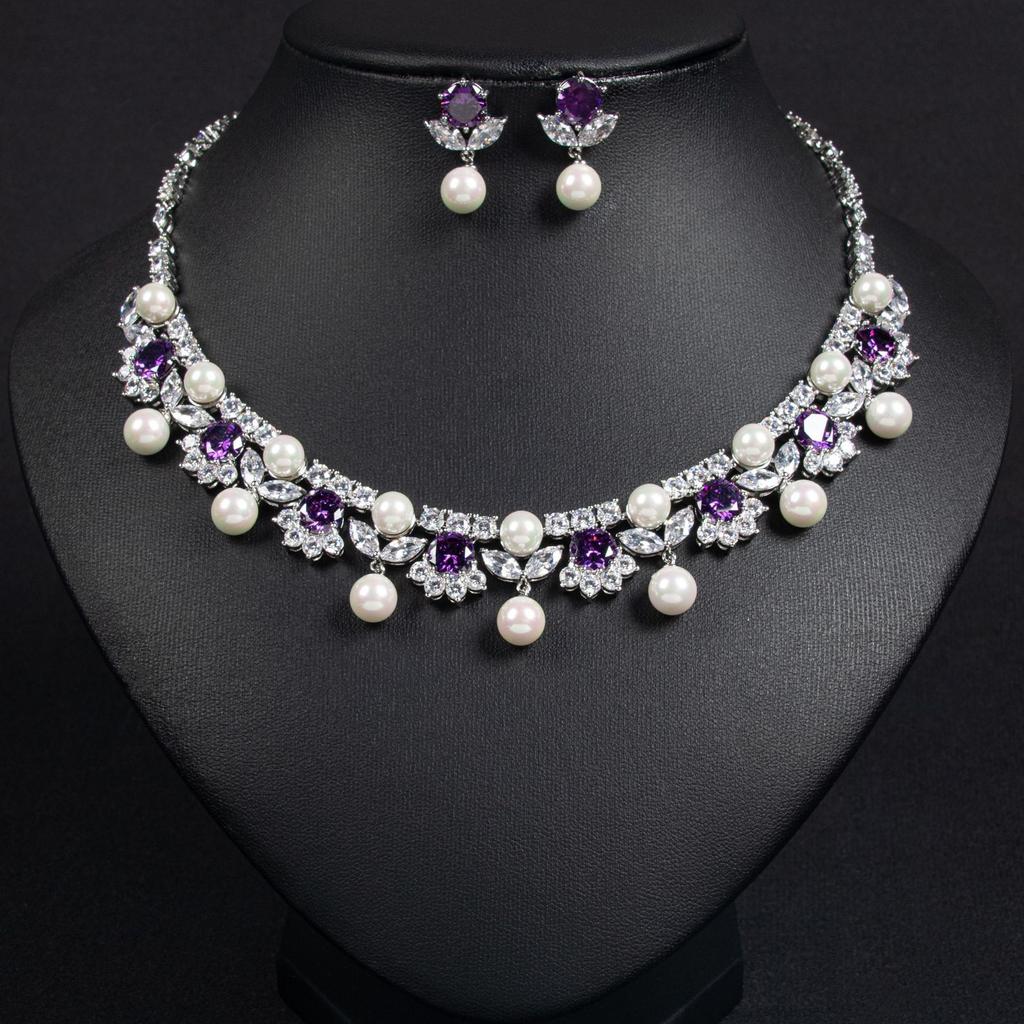 Nuevo glamour de lujo deslumbrante perla circonita conjunto de joyería para mujer collar pendientes regalo para fiesta boda graduación vestido M-361