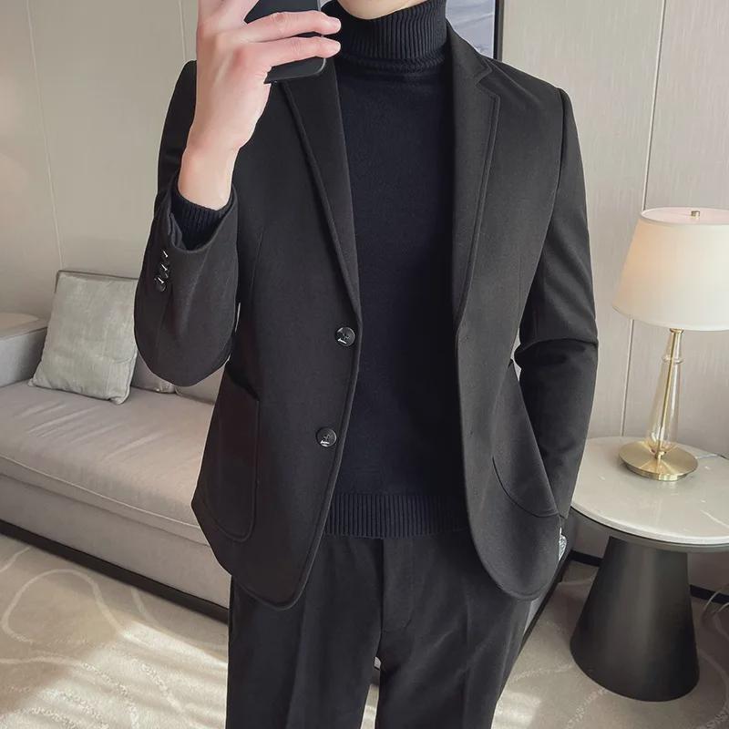 Men's Slim Woolen Casual Suit Jacket - Korean & British Style for Spring/Autumn