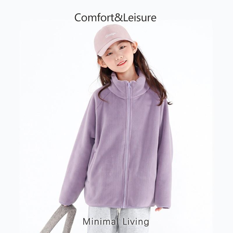 Kids Solid Color Fleece Jacket Boys Girls Stand Collar Zip Up Warm Coat Winter Outdoor