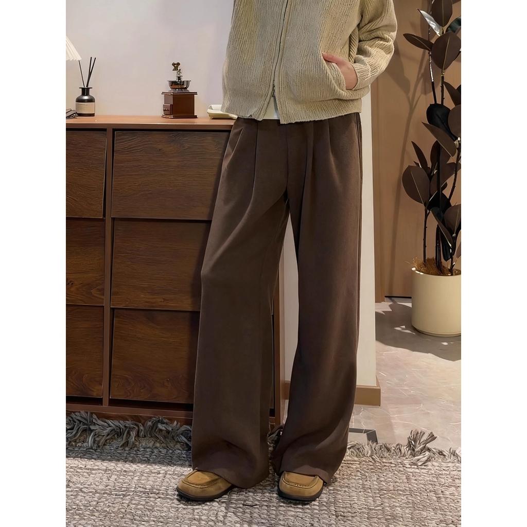 Maillard brown A-shaped wide-leg pants men's autumn and winter thickened heavy-weight abraded pants straight and slightly pulled casual pants
