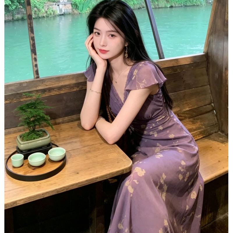 French Purple Floral Small Flying Sleeve Dress Women's Spring and Summer Lace Pinched Waist Dress
