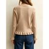 Womens Solid Round Neck Long Sleeve Ruffle Hem Knit Pullover Sweater