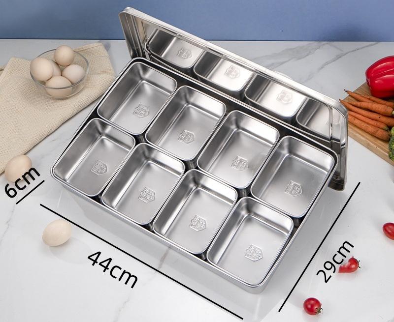 Stainless Steel Seasoning Box with Lid and Holder Tray 6/8 Compartments Rectangle Spice Container Kitchen Utensils